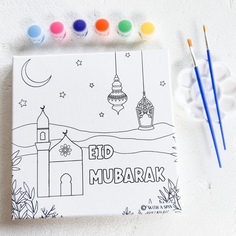 Eid DIY Painting Kit for kids featuring a canvas with crescent moon, star, and lantern designs, vibrant paint set, two paintbrushes, and wall hanging accessories—perfect for Eid arts and crafts for children.