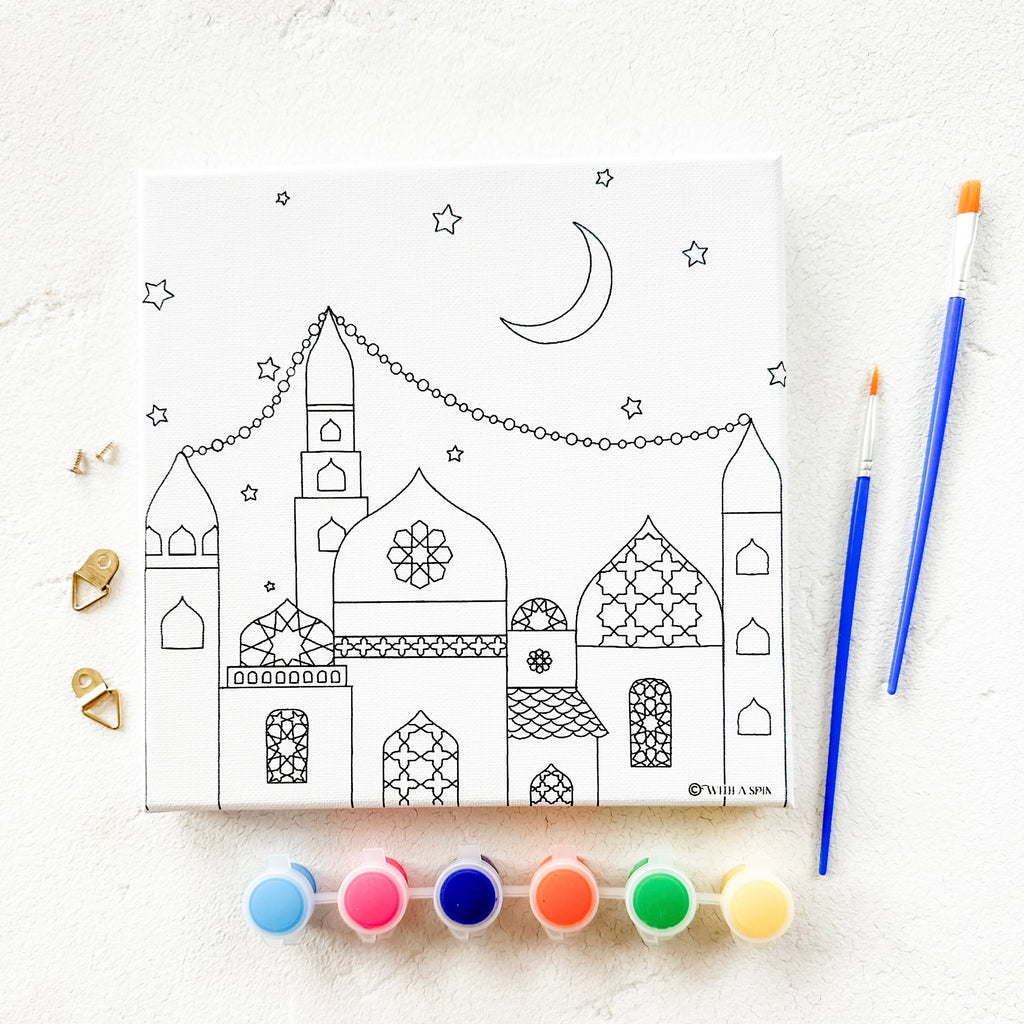 BarakahVille Ramadan DIY Canvas Painting Kit for kids featuring a pre-stretched canvas with an Islamic-themed design, vibrant paints, two paintbrushes, and wall hanging accessories—perfect for a fun and creative Ramadan craft.