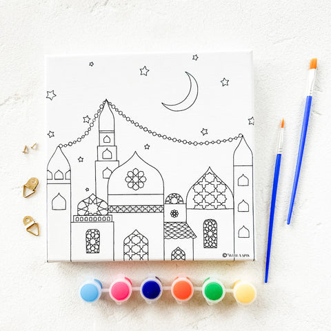 BarakahVille Ramadan DIY Canvas Painting Kit for kids featuring a pre-stretched canvas with an Islamic-themed design, vibrant paints, two paintbrushes, and wall hanging accessories—perfect for a fun and creative Ramadan craft.