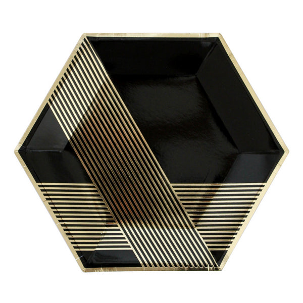 Black and Gold Hexagon Paper Plates - large