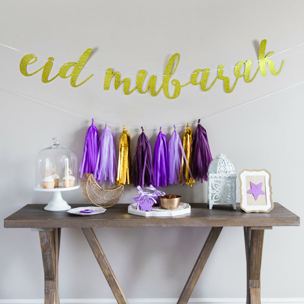 Eid Mubarak Garland - Cursive Glitter Letters - Gold