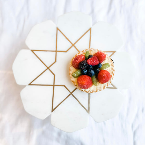 Detailed Islamic Geometric Metal Inlay on Marble Cake Stand - A Unique and Elegant Dessert Presentation Piece