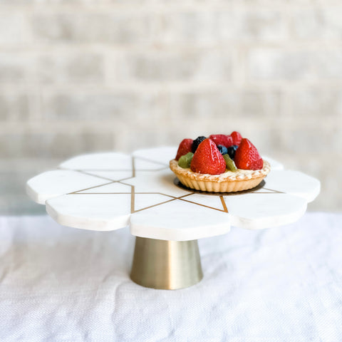 Marble & Brass Pedestal Cake Stand with Islamic Geometric Metal Inlay - A Unique and Elegant Dessert Presentation